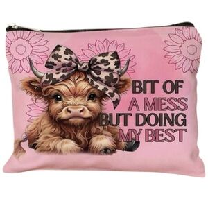 Farmhouse Highland Cow Makeup Bag Canvas Cosmetic Pouch Pink Leopard Bow NWOT